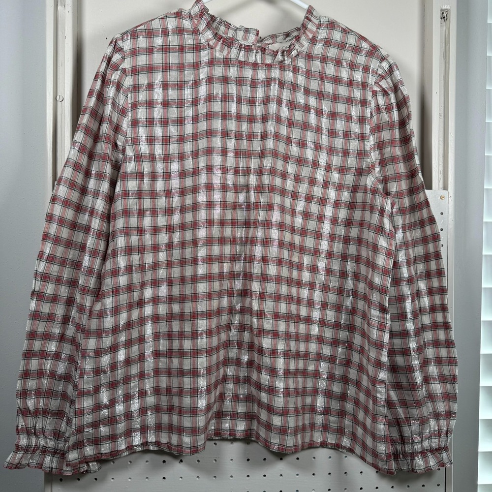Loft Outlet Ruffled Blouse Women's Multi Plaid Long Sleeve Tunic Top - Large‎